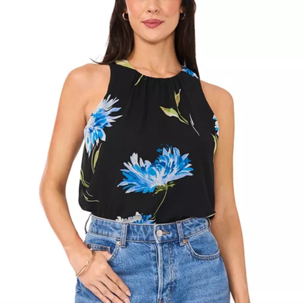 Vince Camuto Black Sleeveless Top with Blue and Green Floral Design in Size (L)